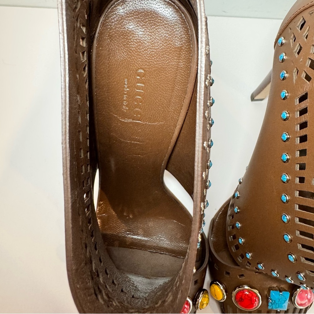 Gucci Lika Brown Leather Cutout Embellished Open Toe Bootie Sandal, Sz 38.5 - Picture 12 of 16